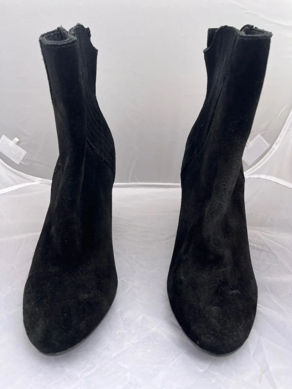 Lucca Lane Black Suede Ankle Boots Gold Hardware Accent Heel - Size 7